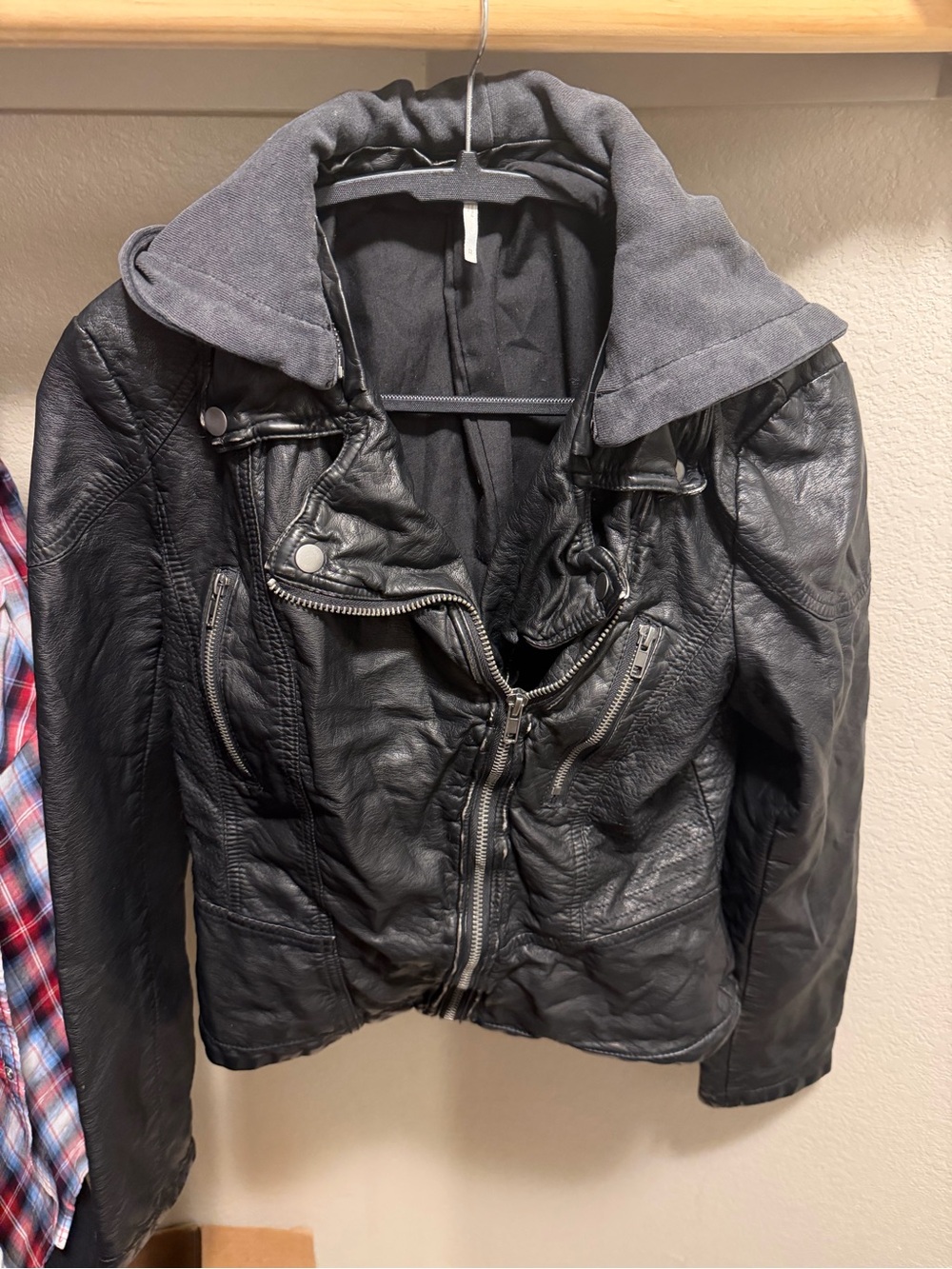 Free People Black Faux Leather Jacket with Gray Hood - Picture 7 of 10